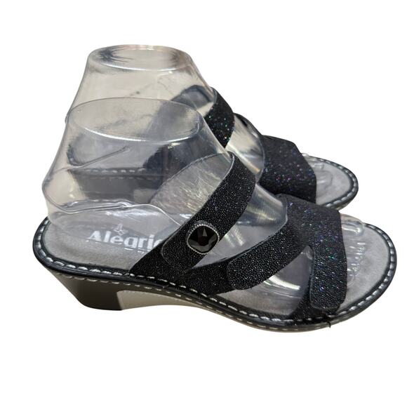 Alegria Loti Glitteroti Women's Black Leather Slip-On Wedge Heel Sandals Size 36 - Picture 3 of 9